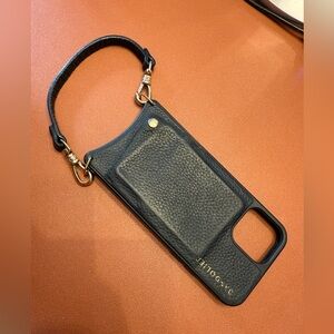 Bandolier iPhone 12 Pro case, black leather wallet case and wristlet strap